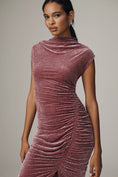 Load image into Gallery viewer, The Maya Ruched Cowl-Neck Dress: Mesh Edition: Velvet Edition
