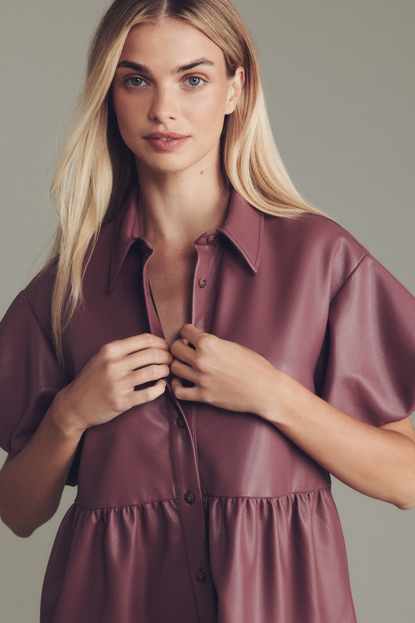 The Bettina Faux Leather Mini Shirt Dress by Maeve