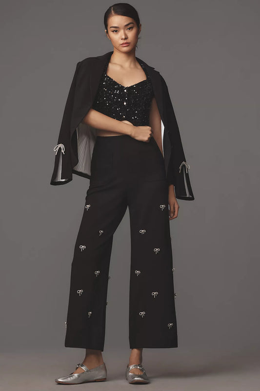 The Colette Cropped Wide-Leg Trousers by Maeve: Bow Edition