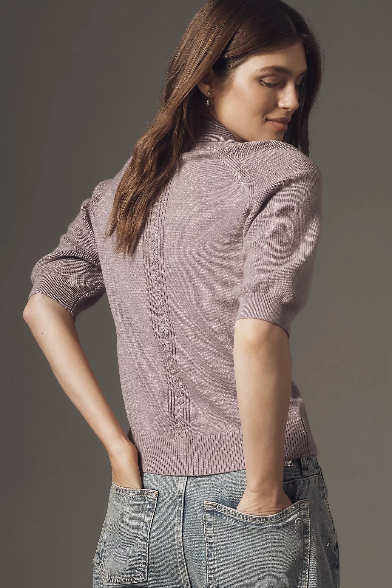 Maeve Short-Sleeve Collared Scoop-Neck Sweater