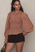 Load image into Gallery viewer, By Anthropologie Balloon-Sleeve Smocked Peplum Blouse
