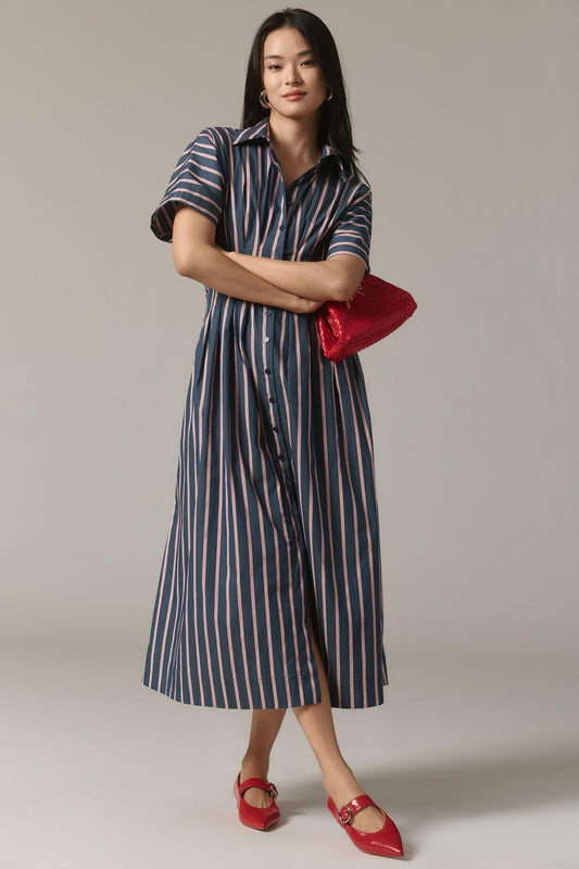 The Tobie Button-Front Pleated Shirt Dress by Exquise