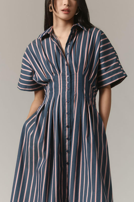 The Tobie Button-Front Pleated Shirt Dress by Exquise