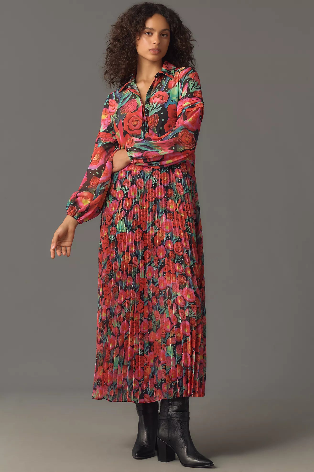 Farm Rio X Anthropologie Pleated Drop-Waist Maxi Dress - EUC
