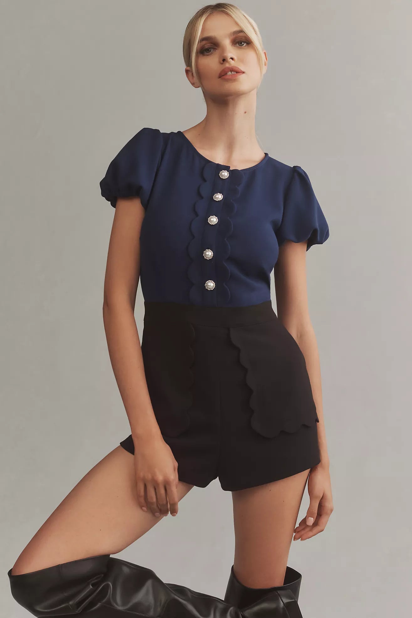 Maeve Puff Sleeve Colorblock Scallop Romper