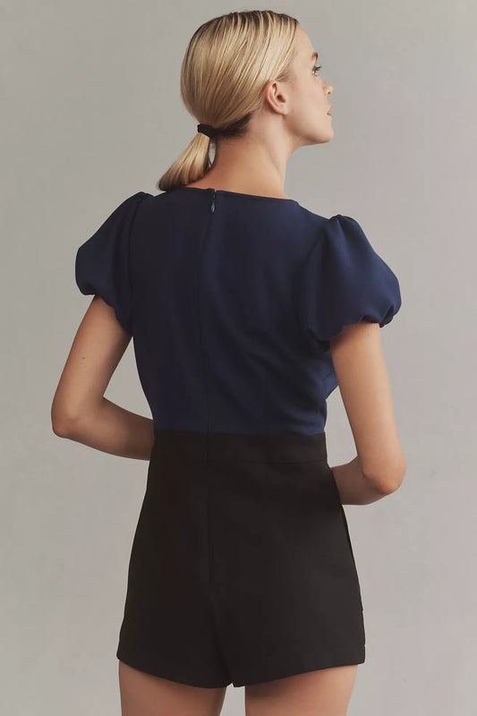 Maeve Puff Sleeve Colorblock Scallop Romper