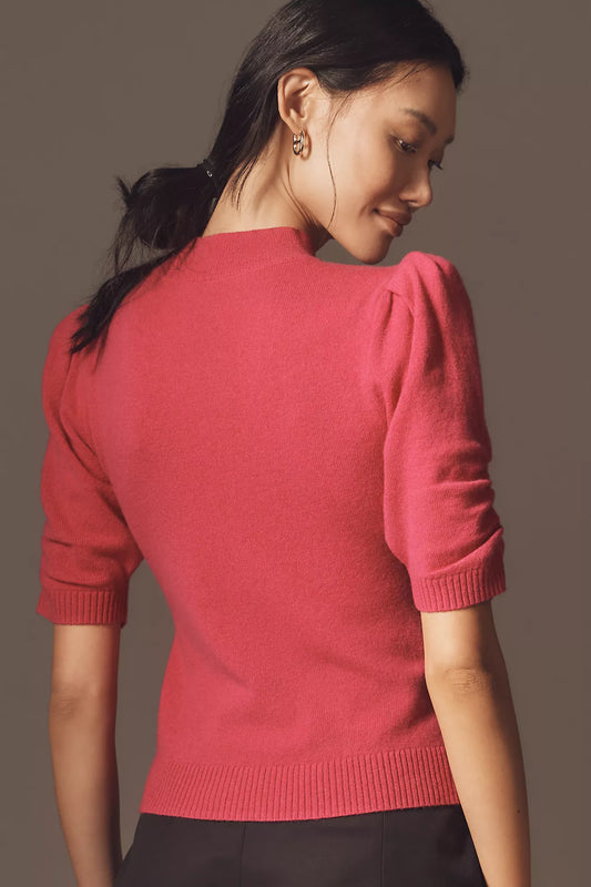 By Anthropologie Wool Cashmere Puff-Sleeve Mock-Neck Sweater