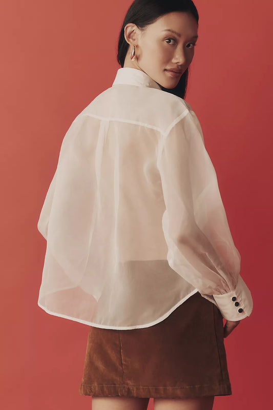By Anthropologie Sheer Cuffed Organza Buttondown Top