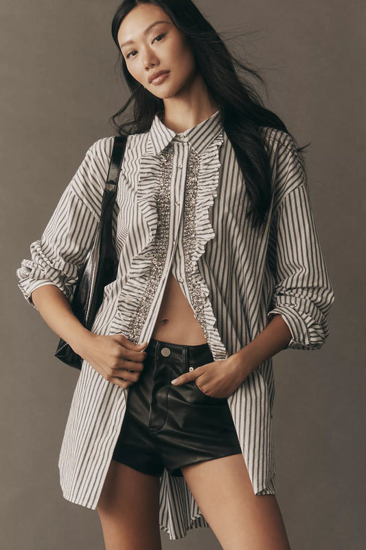 Pilcro Crystal-Embellished Relaxed Buttondown Shirt