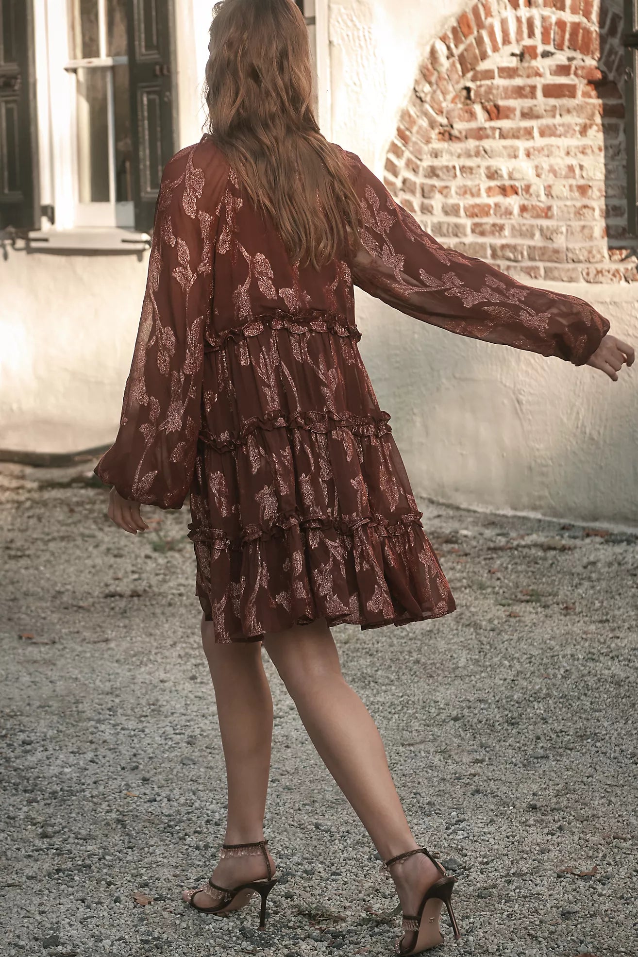 By Anthropologie Long-Sleeve Tiered Metallic Mini Dress