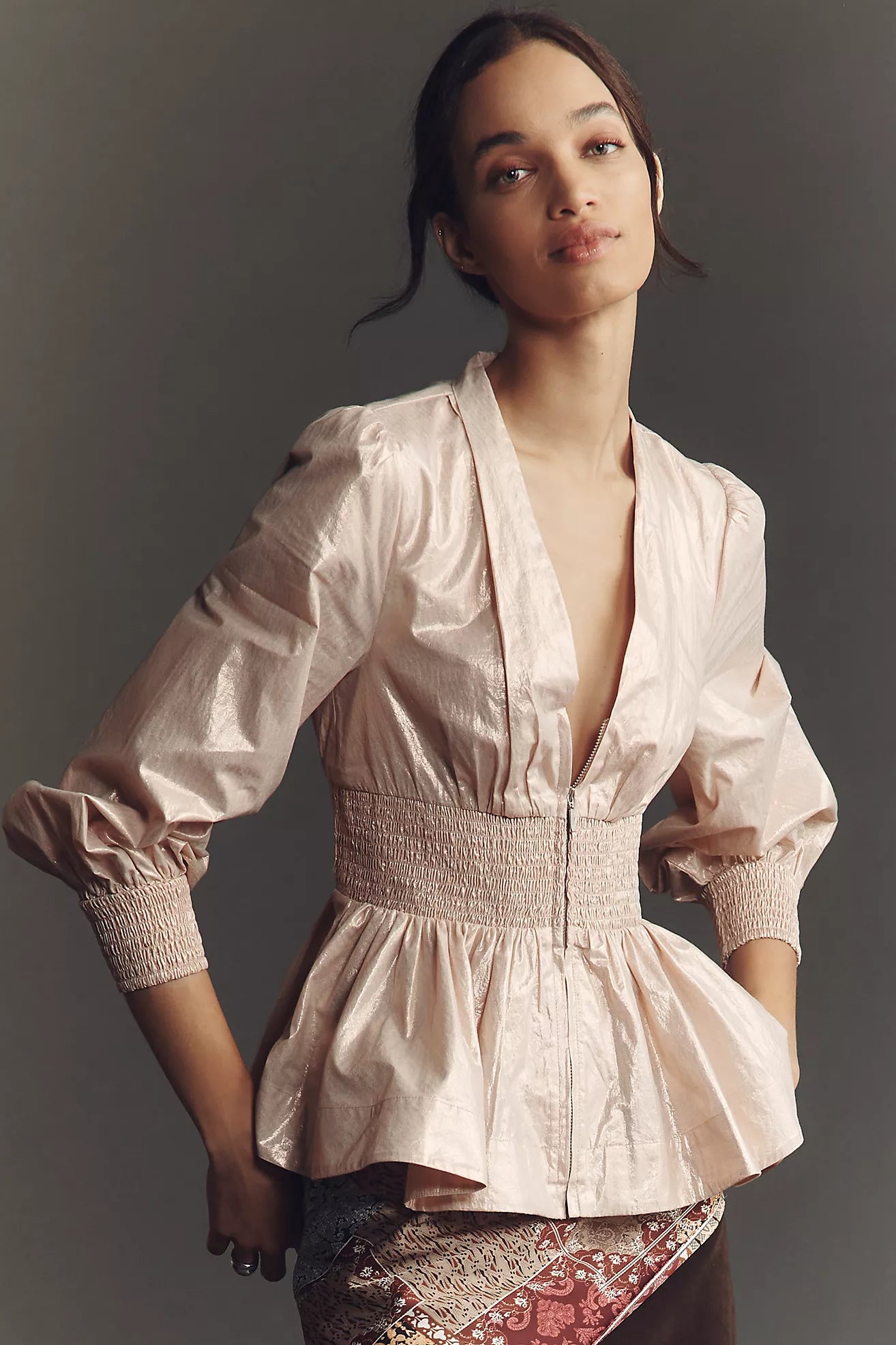 The Tommie Long-Sleeve Shine Smocked Front-Zip Blouse