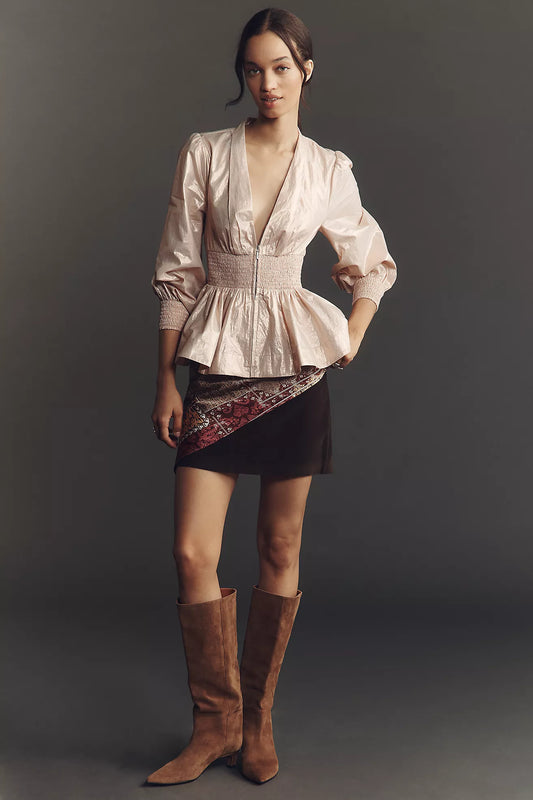 The Tommie Long-Sleeve Shine Smocked Front-Zip Blouse