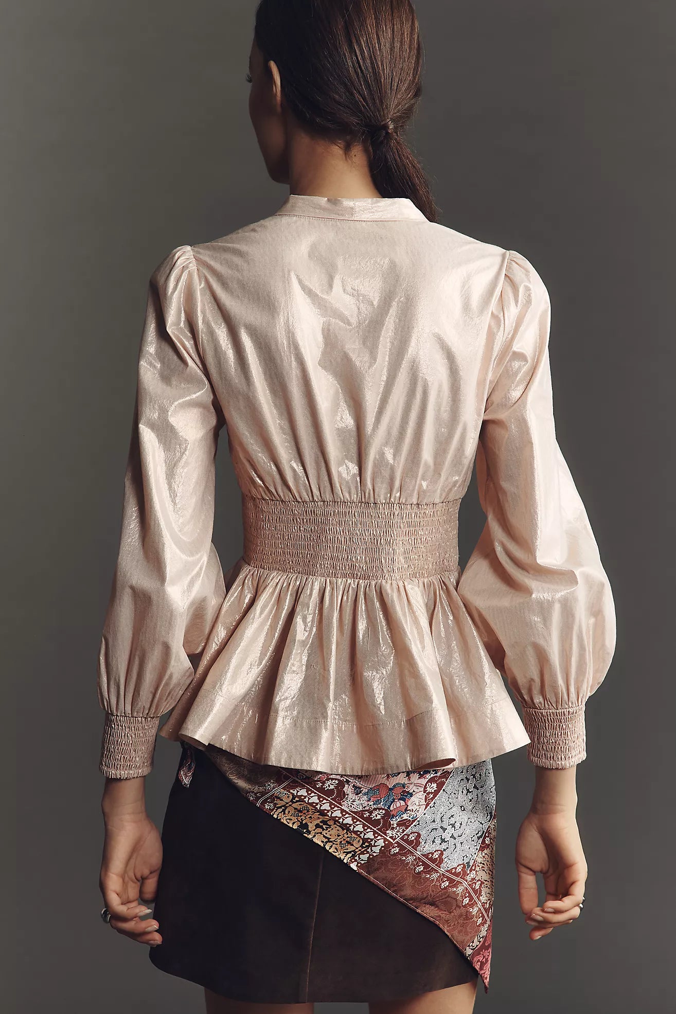 The Tommie Long-Sleeve Shine Smocked Front-Zip Blouse