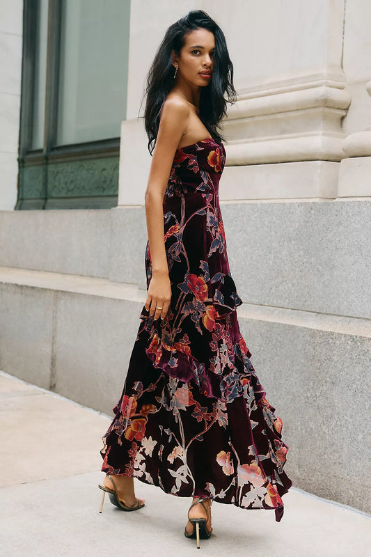 Endless Rose Strapless Ruffled Velvet High-Low Dress