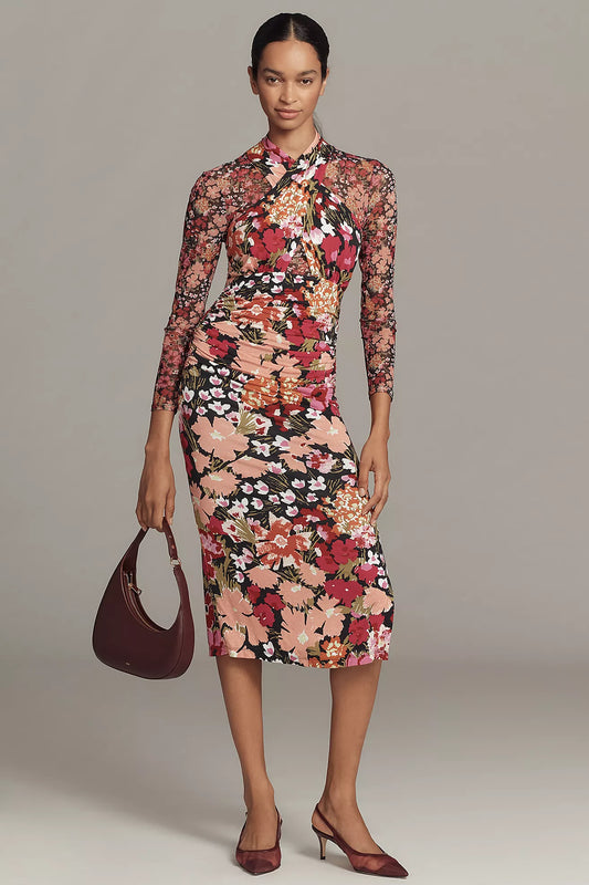 By Anthropologie Long-Sleeve Halter Mesh Midi Dress