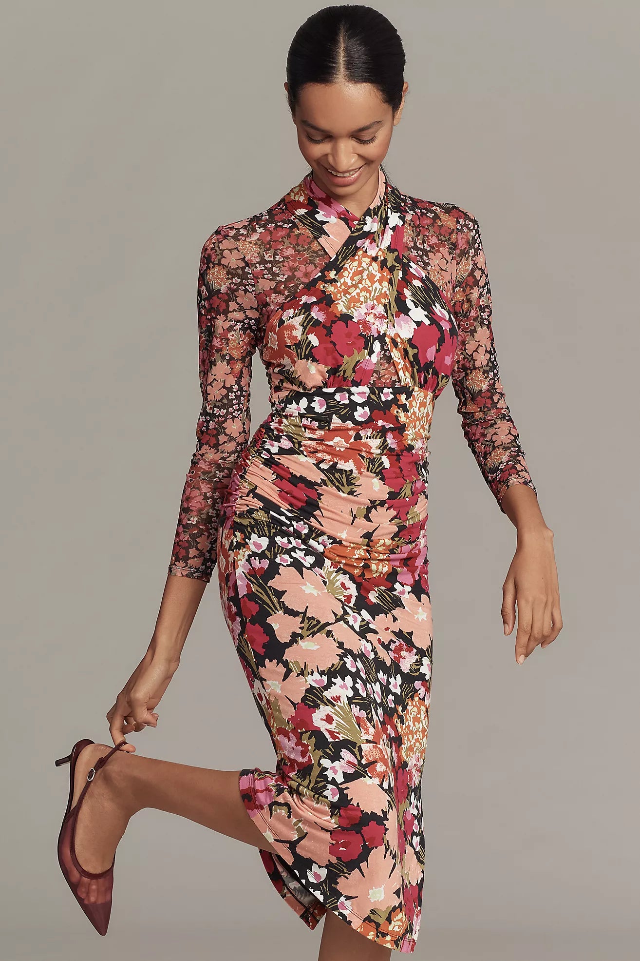 By Anthropologie Long-Sleeve Halter Mesh Midi Dress
