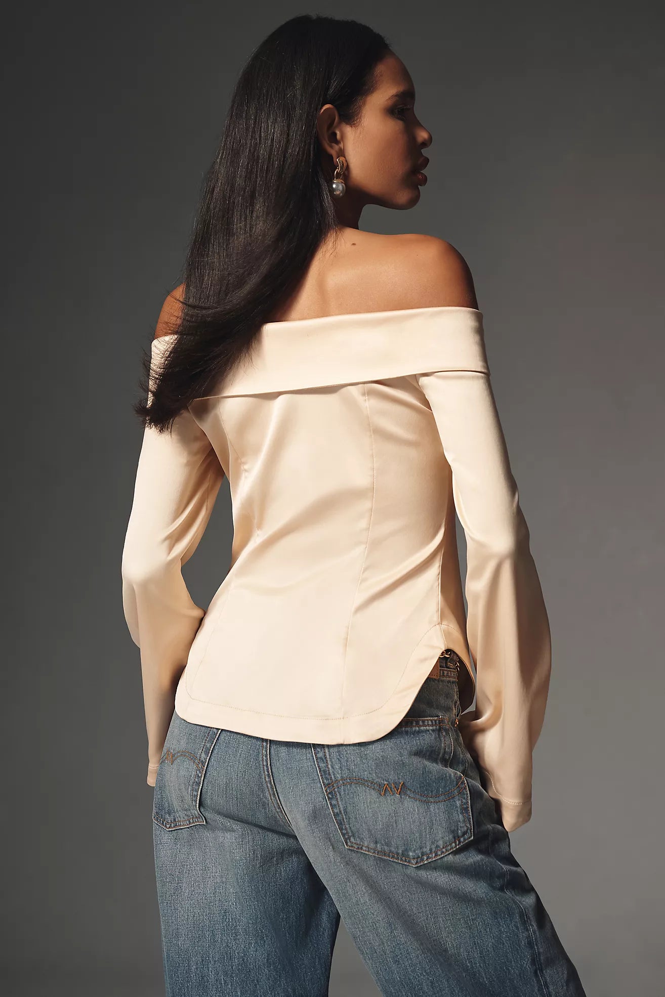 By Anthropologie Off The Shoulder Collared Silky Shirt