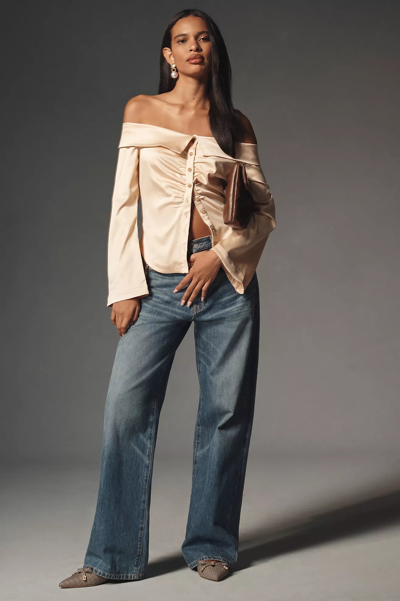 By Anthropologie Off The Shoulder Collared Silky Shirt