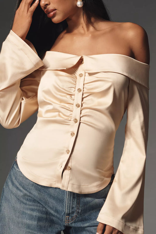 By Anthropologie Off The Shoulder Collared Silky Shirt