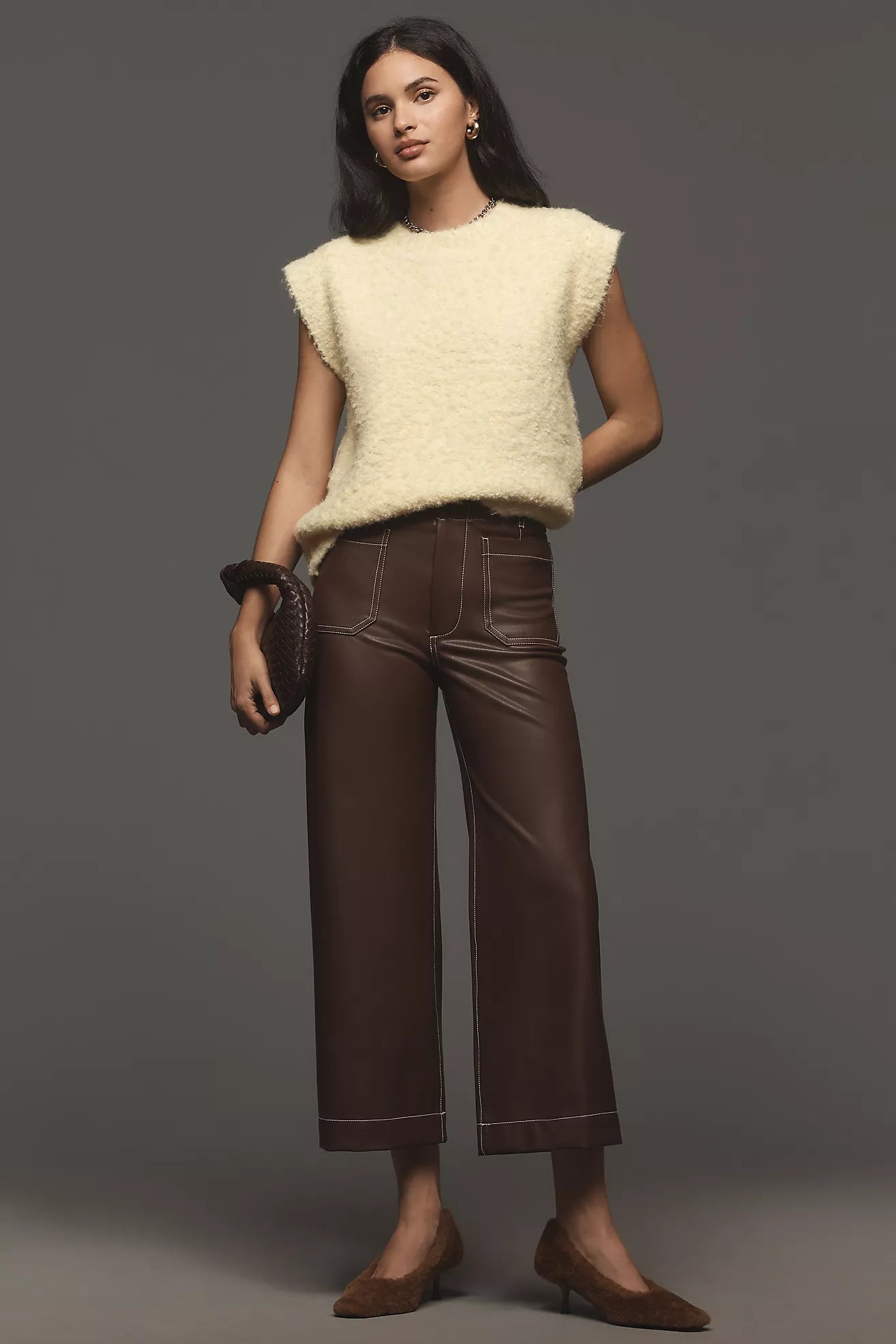 The Colette Faux-Leather Top-Stitch Crop Wide-Leg Pants by Maeve