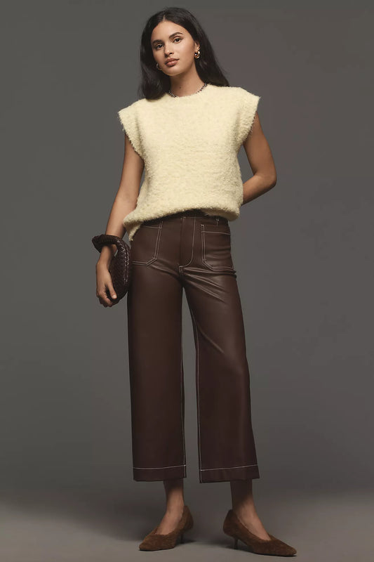 The Colette Faux-Leather Top-Stitch Crop Wide-Leg Pants by Maeve