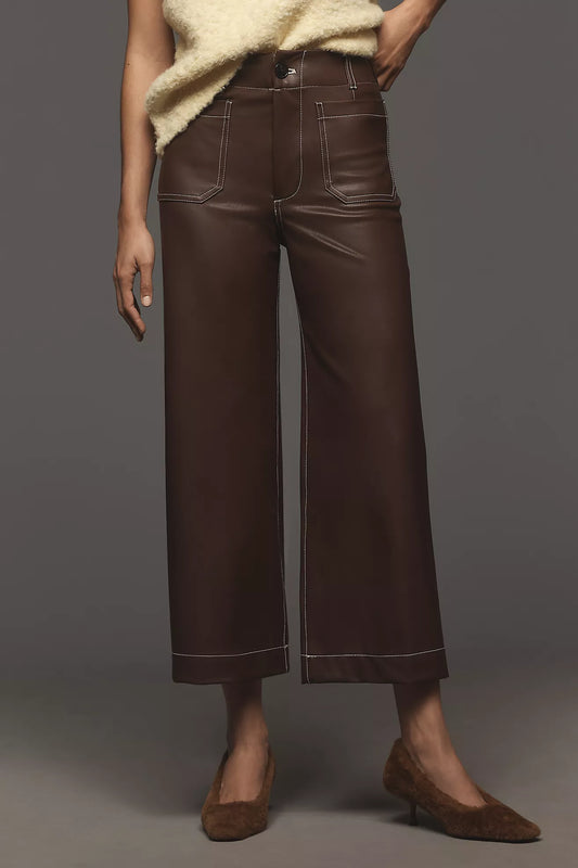 The Colette Faux-Leather Top-Stitch Crop Wide-Leg Pants by Maeve