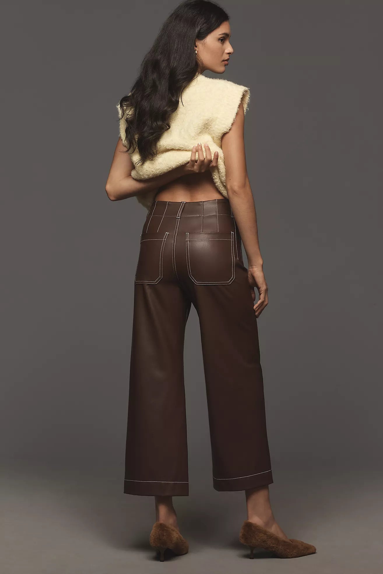 The Colette Faux-Leather Top-Stitch Crop Wide-Leg Pants by Maeve