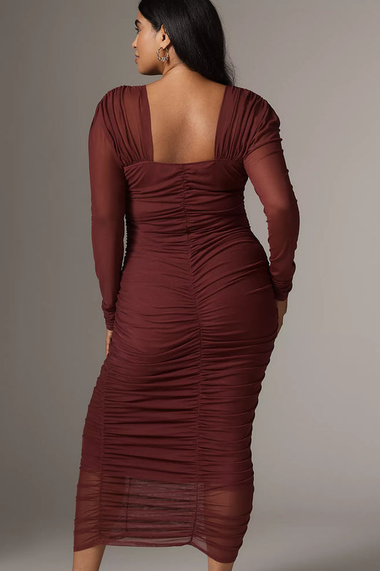 By Anthropologie Long-Sleeve Ruched Slim Midi Dress