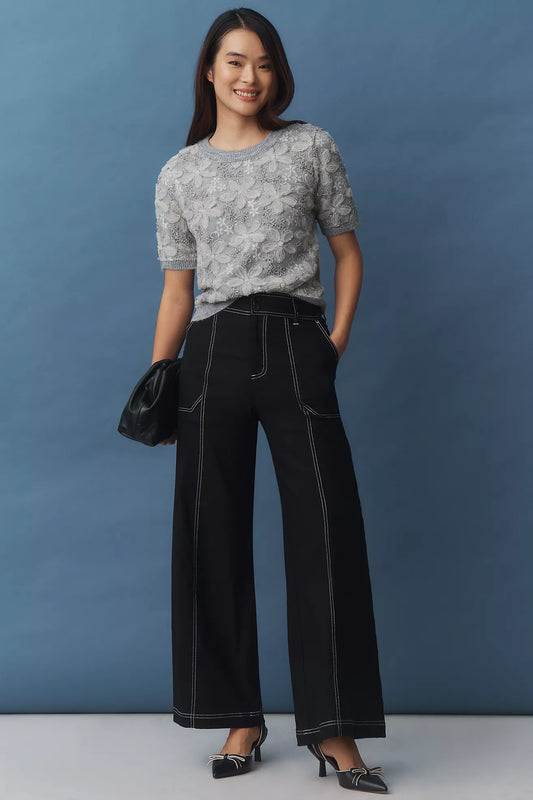 Maeve Linen Blend Top-Stitch Wide-Leg Pants