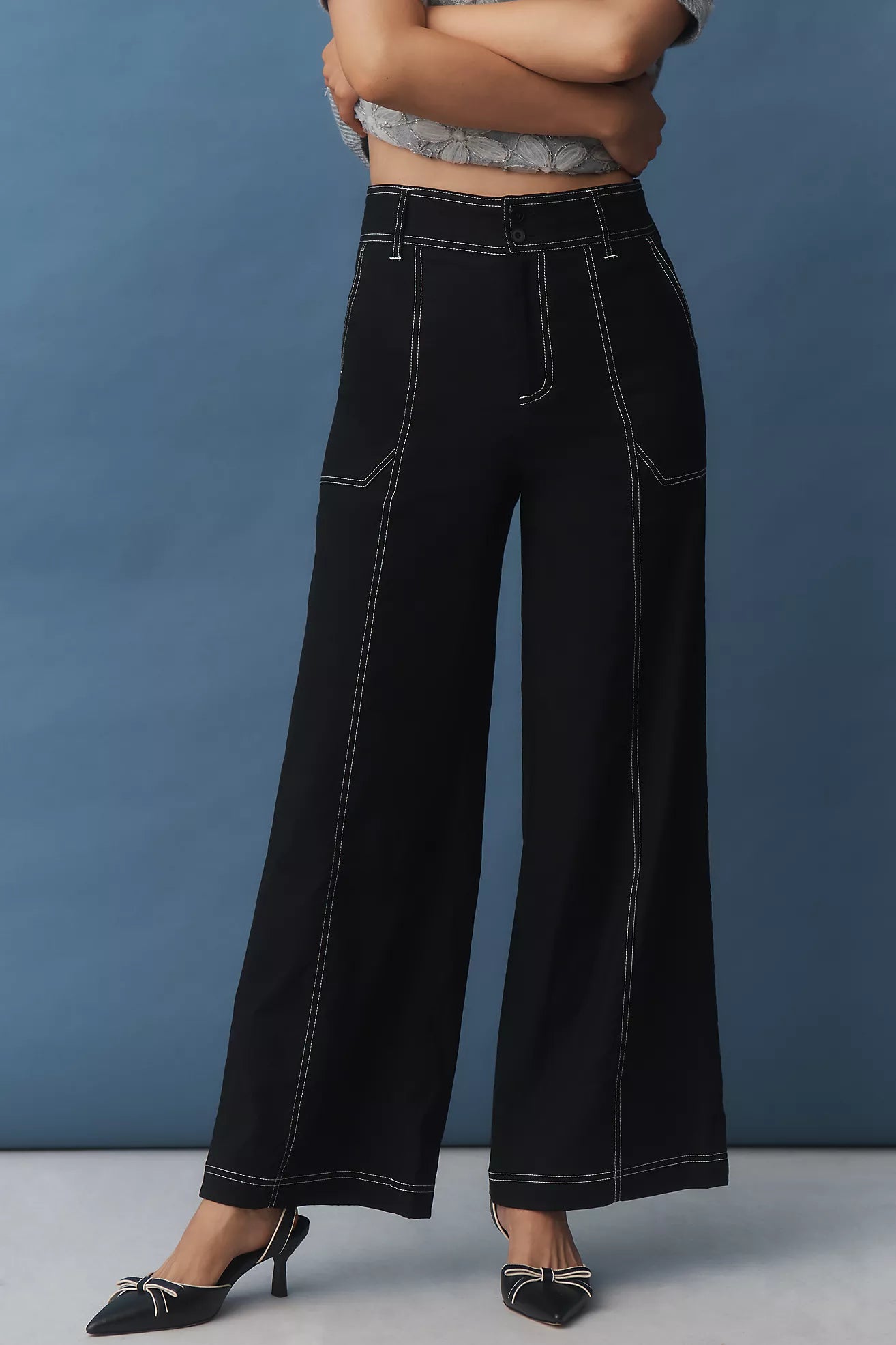 Maeve Linen Blend Top-Stitch Wide-Leg Pants