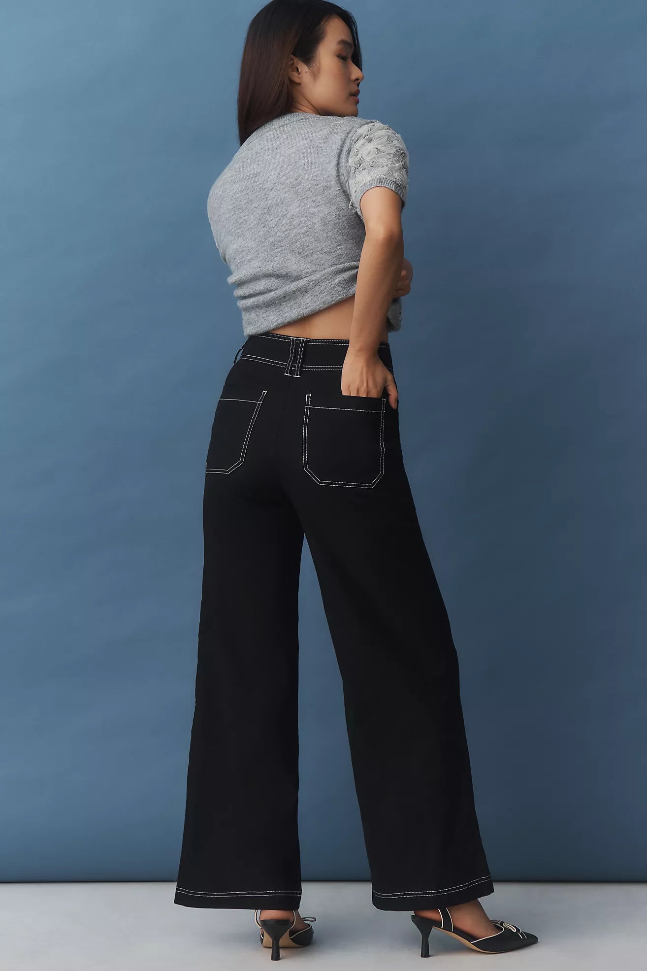 Maeve Linen Blend Top-Stitch Wide-Leg Pants
