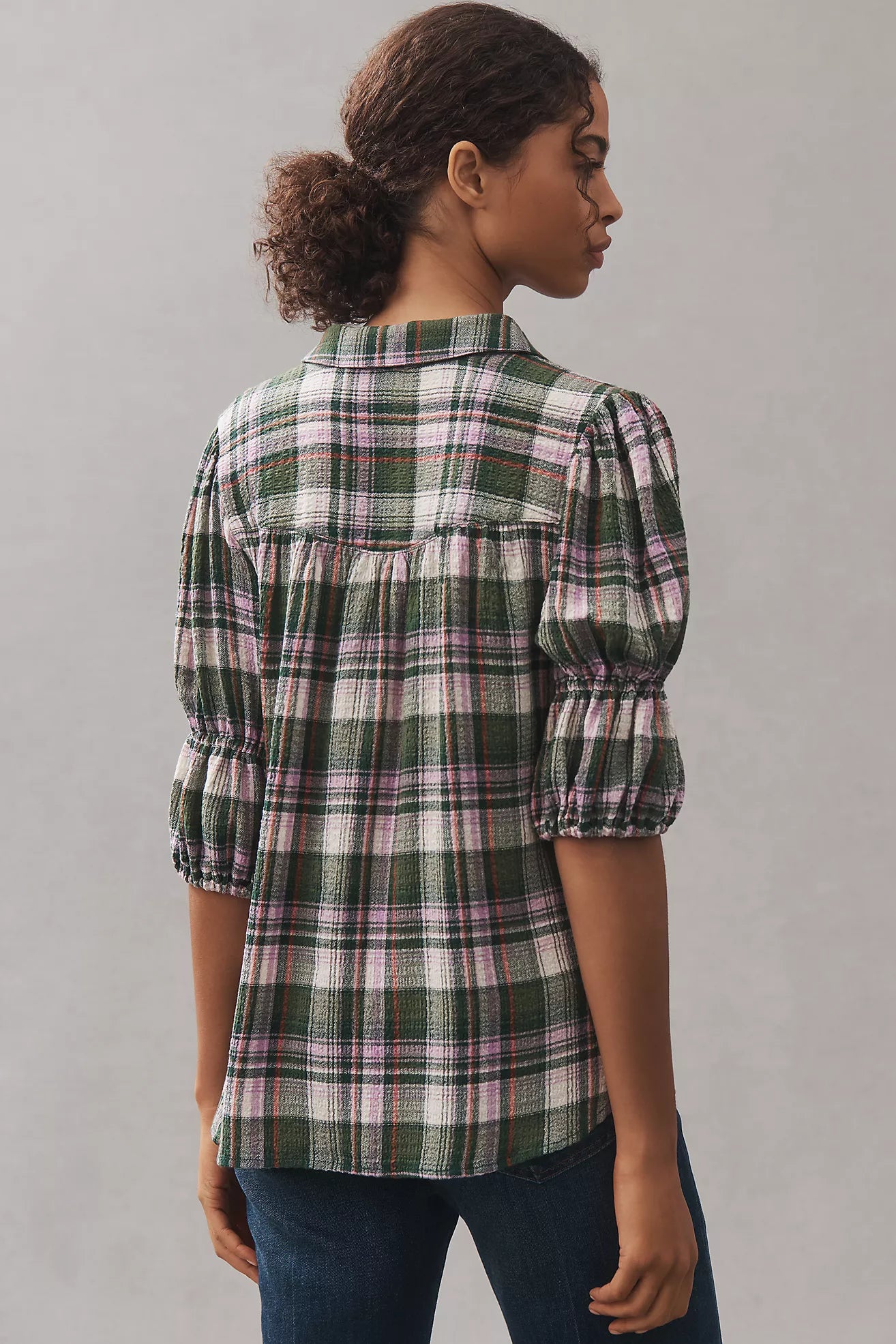 The Tallulah Puff-Sleeve Plaid Buttondown Top by Pilcro