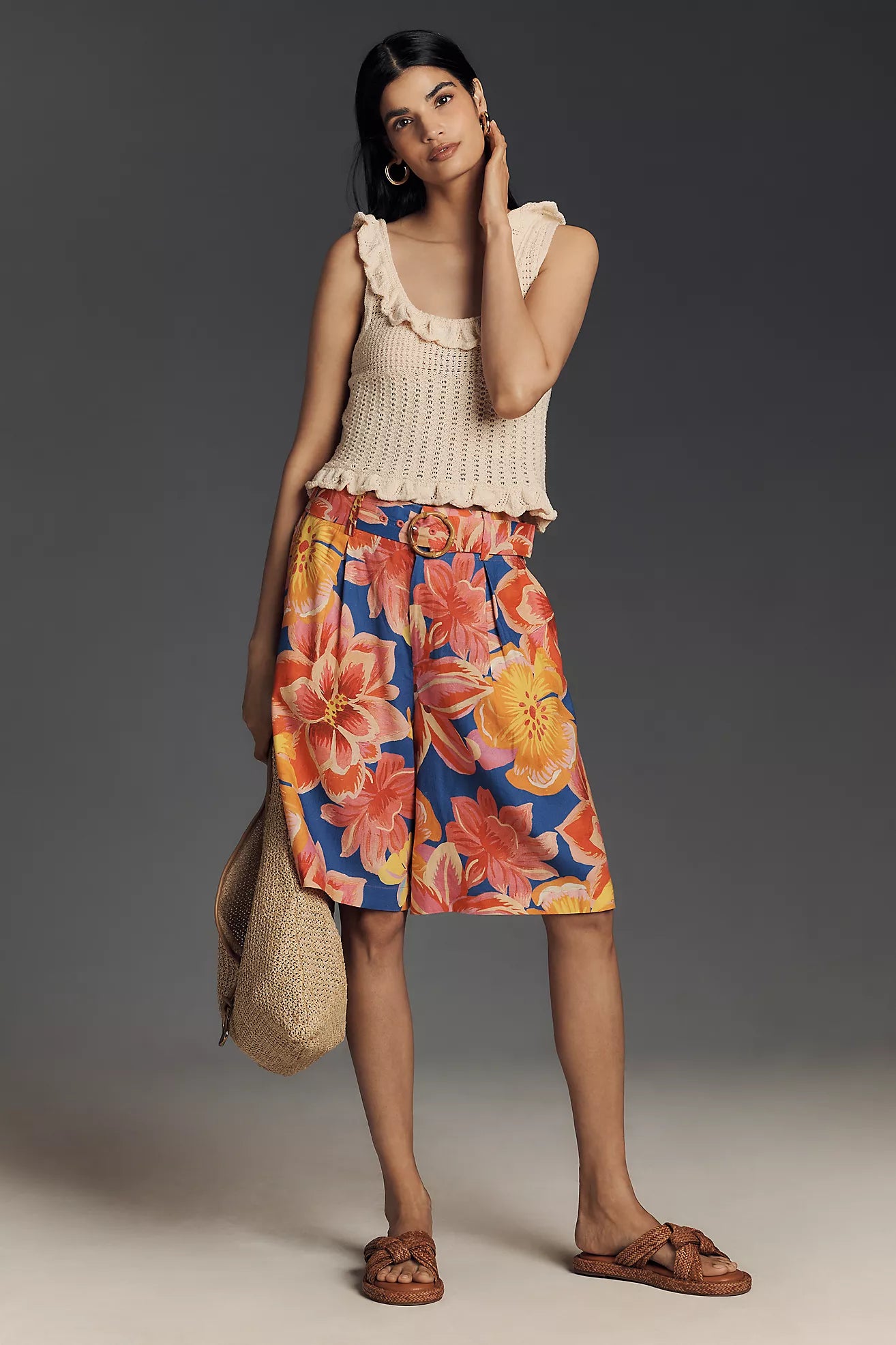Farm Rio x Anthropologie Linen Blend Belted Floral Bermuda Shorts
