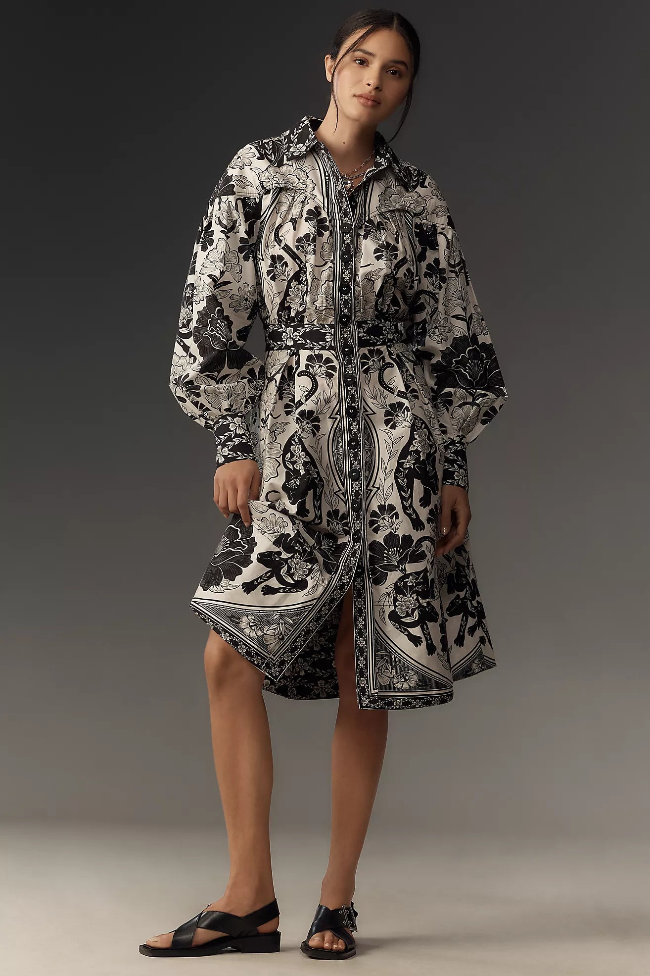 Farm Rio Long Sleeve Collared Midi Shirt Dress
