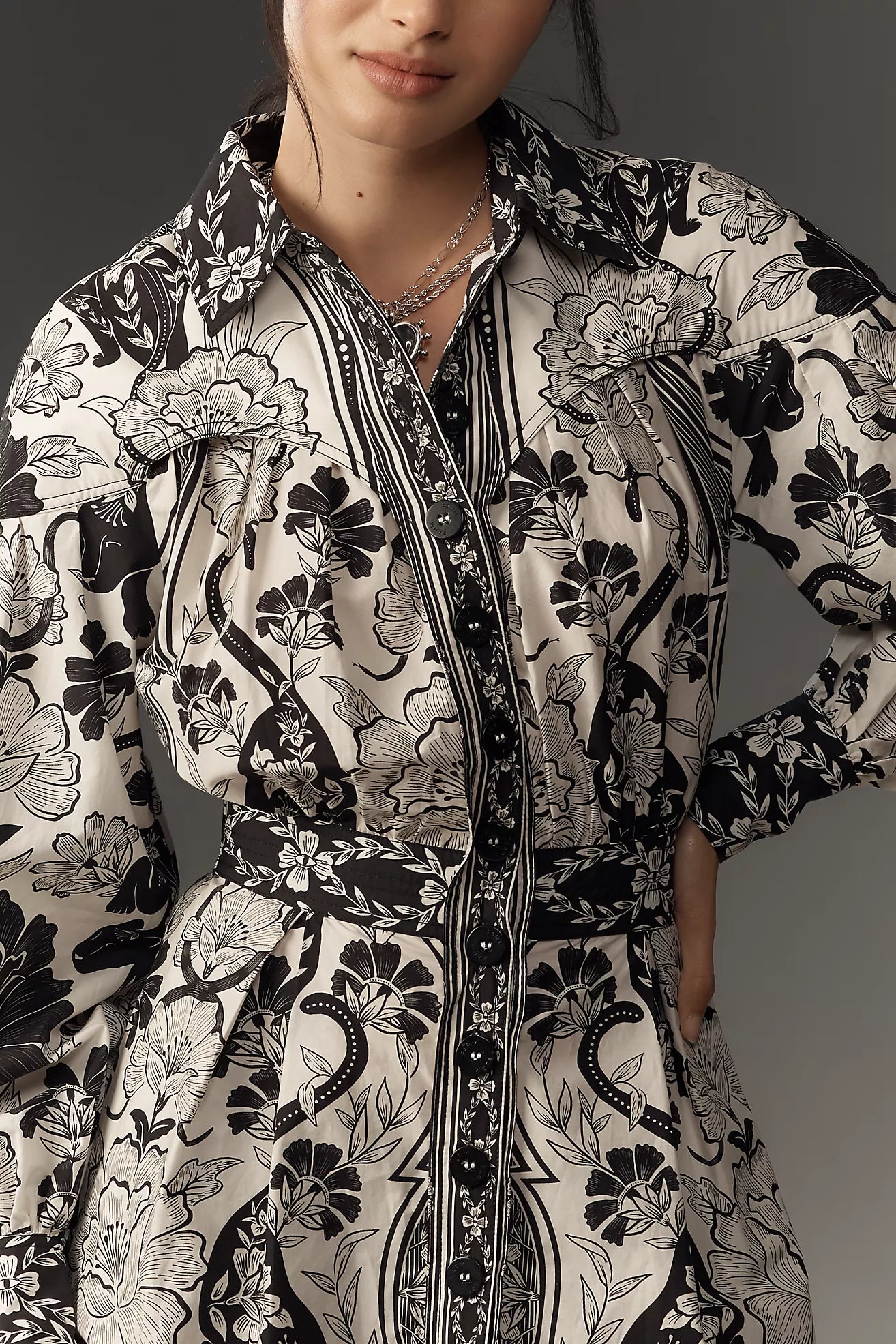 Farm Rio Long Sleeve Collared Midi Shirt Dress