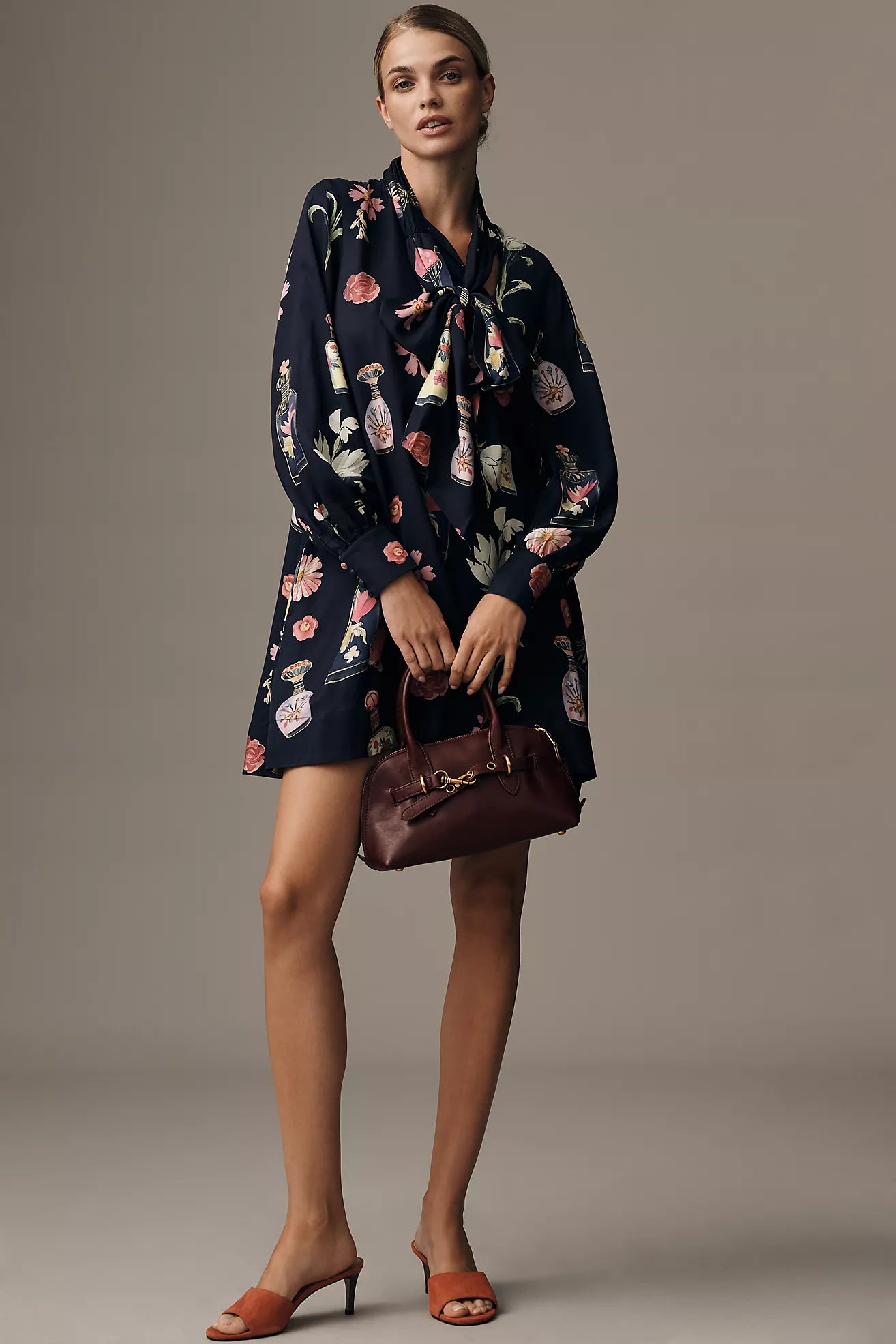 The Caroline Long-Sleeve Tie-Neck Mini Dress by Maeve