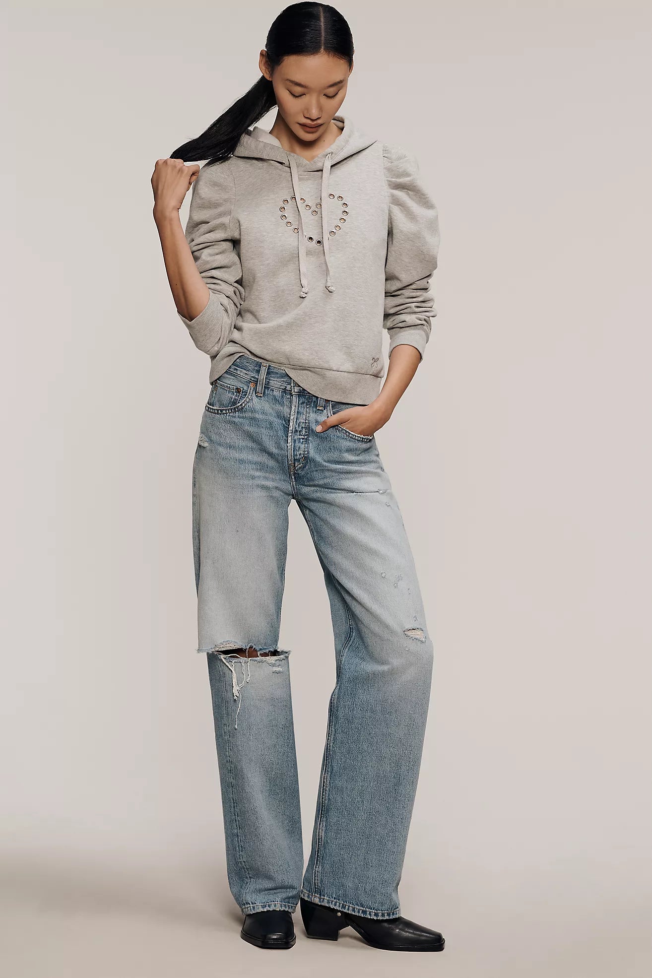 Maeve Puff-Sleeve Grommet Heart Sweatshirt