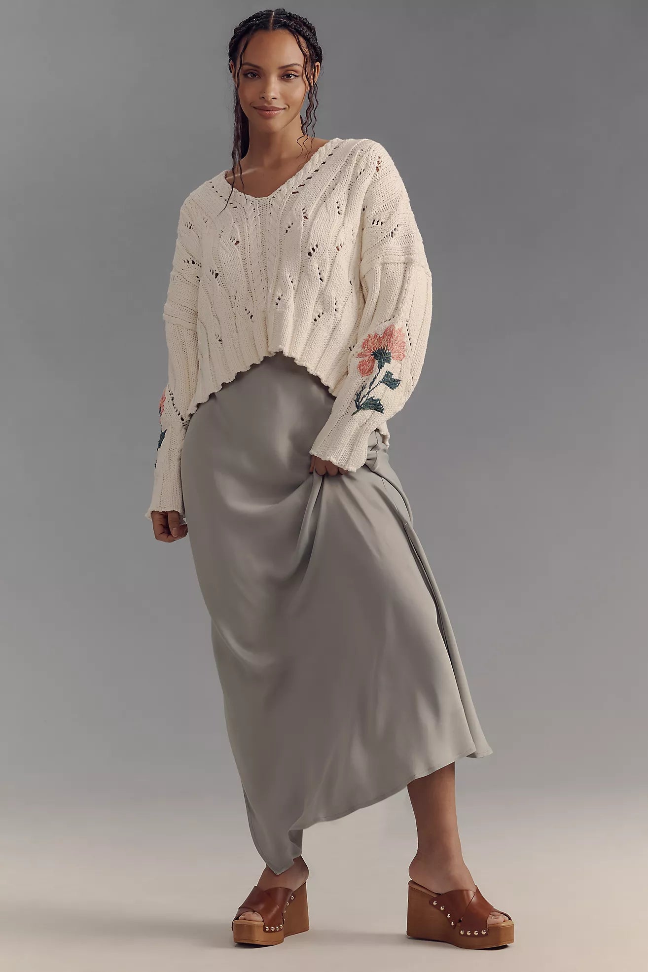 Pilcro Oversized Embroidered Cable-Knit Sweater