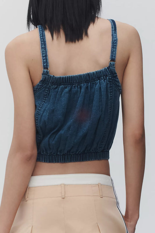 Pilcro Chambray Button-Front Bubble-Hem Top