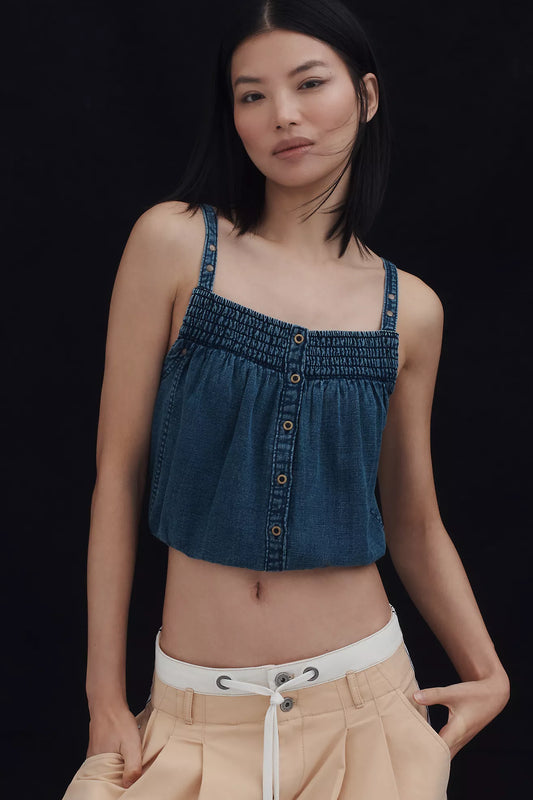 Pilcro Chambray Button-Front Bubble-Hem Top