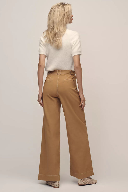 Maeve Linen Cotton Contrast Stitch High-Rise Wide-Leg Pants