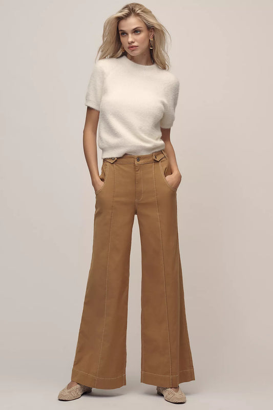 Maeve Linen Cotton Contrast Stitch High-Rise Wide-Leg Pants