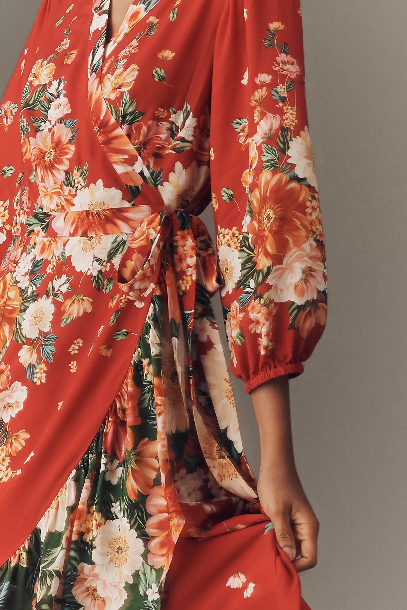Farm Rio Long-Sleeve Floral Wrap Midi Dress
