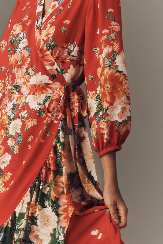 Farm Rio Long-Sleeve Floral Wrap Midi Dress