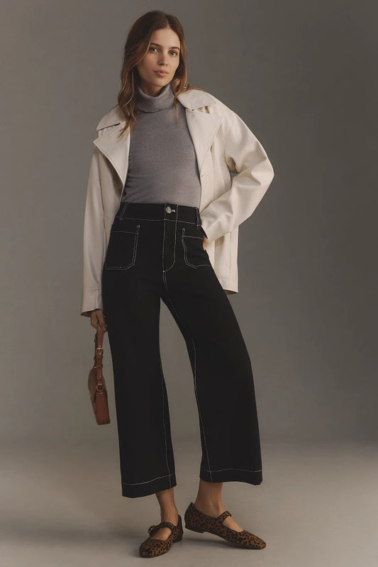 The Colette Ponte Contrast-Stitch Crop Wide-Leg Pants by Maeve