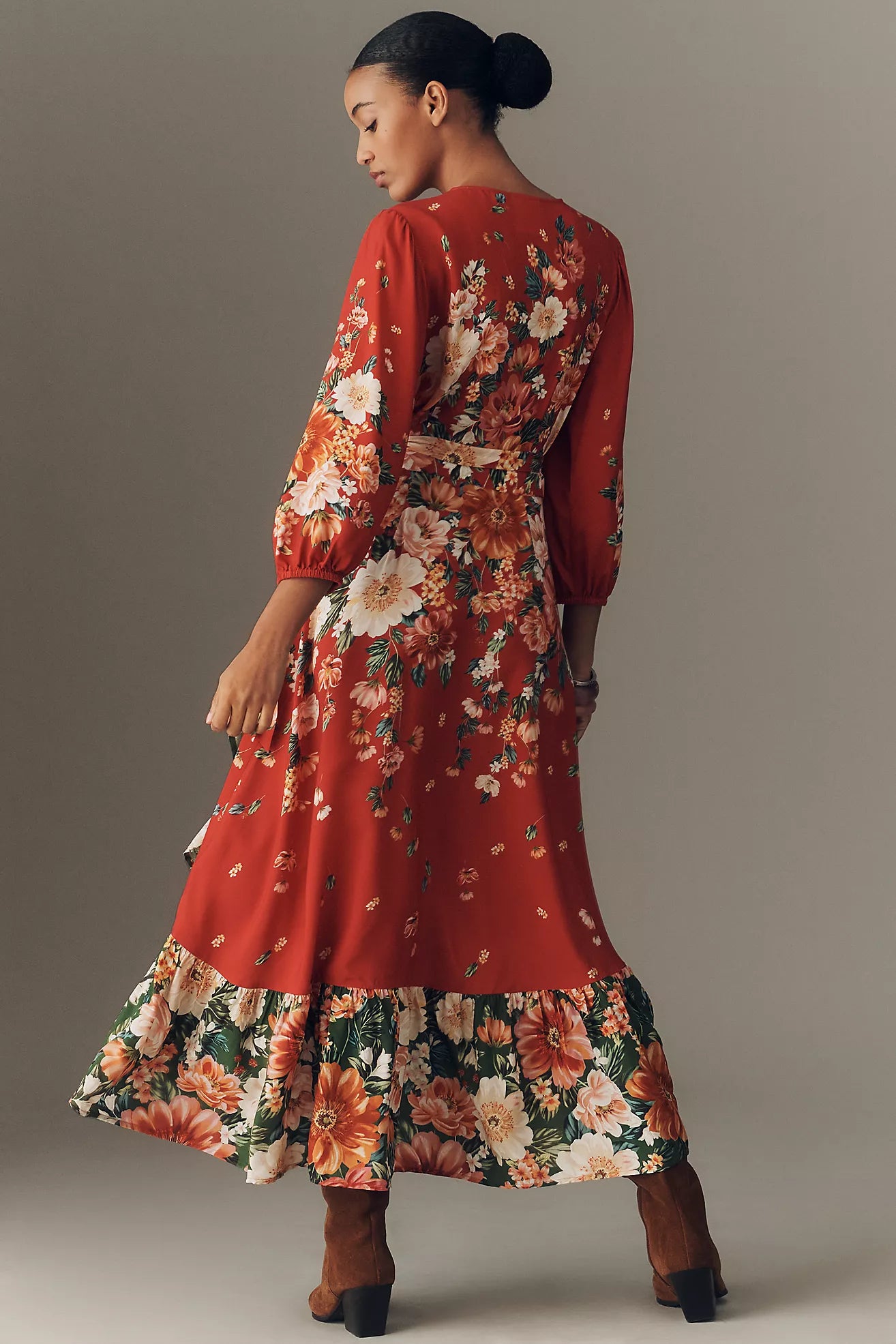 Farm Rio Long-Sleeve Floral Wrap Midi Dress
