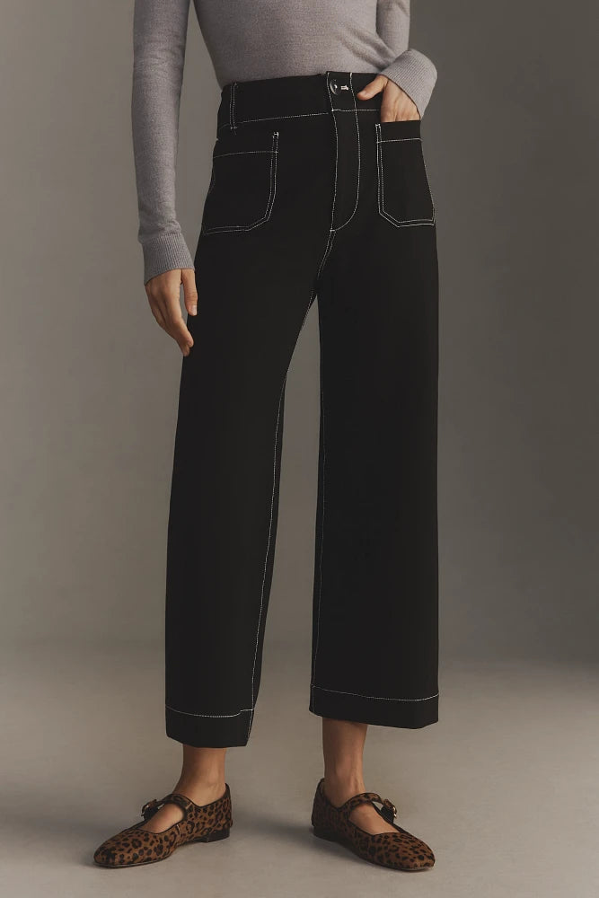 The Colette Ponte Contrast-Stitch Crop Wide-Leg Pants by Maeve