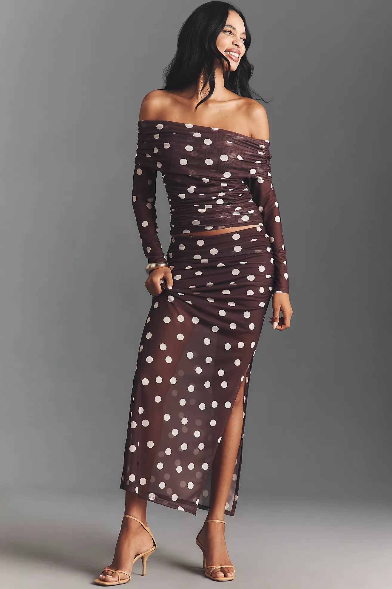 Maeve Fitted Ruched Mesh Maxi Skirt