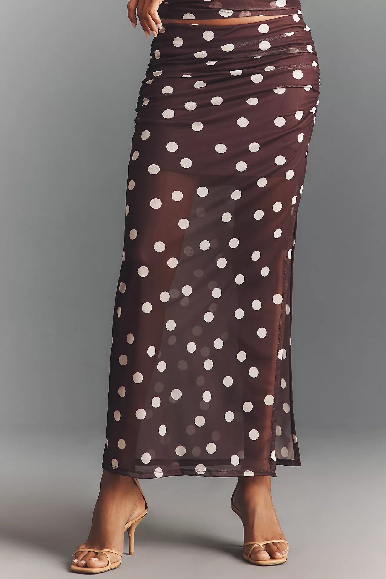 Maeve Fitted Ruched Mesh Maxi Skirt