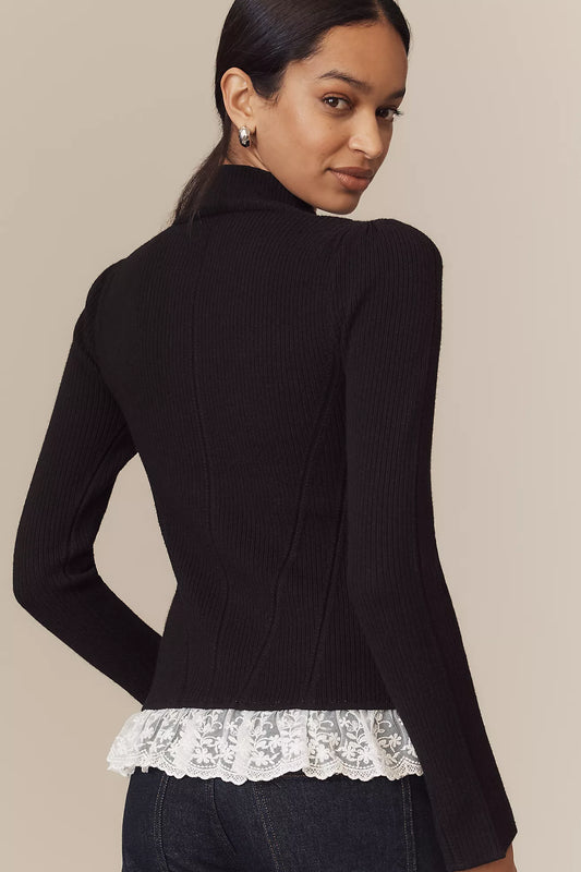 By Anthropologie Mock-Neck Ruffled Lace Cardigan Sweater